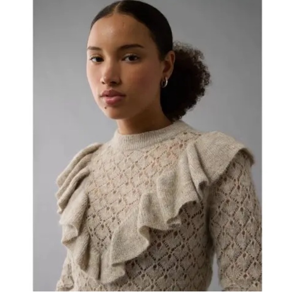 American Eagle Outfitters Sweaters - American Eagle Tan Pointelle Wispy Knit High Neck Ruffle Sweater Large